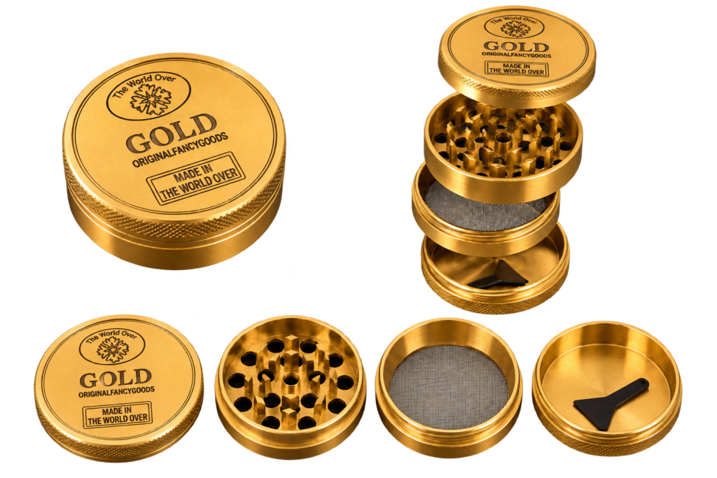 Grinder Gold 4 parties monté et démonté avec tamis et récupérateur