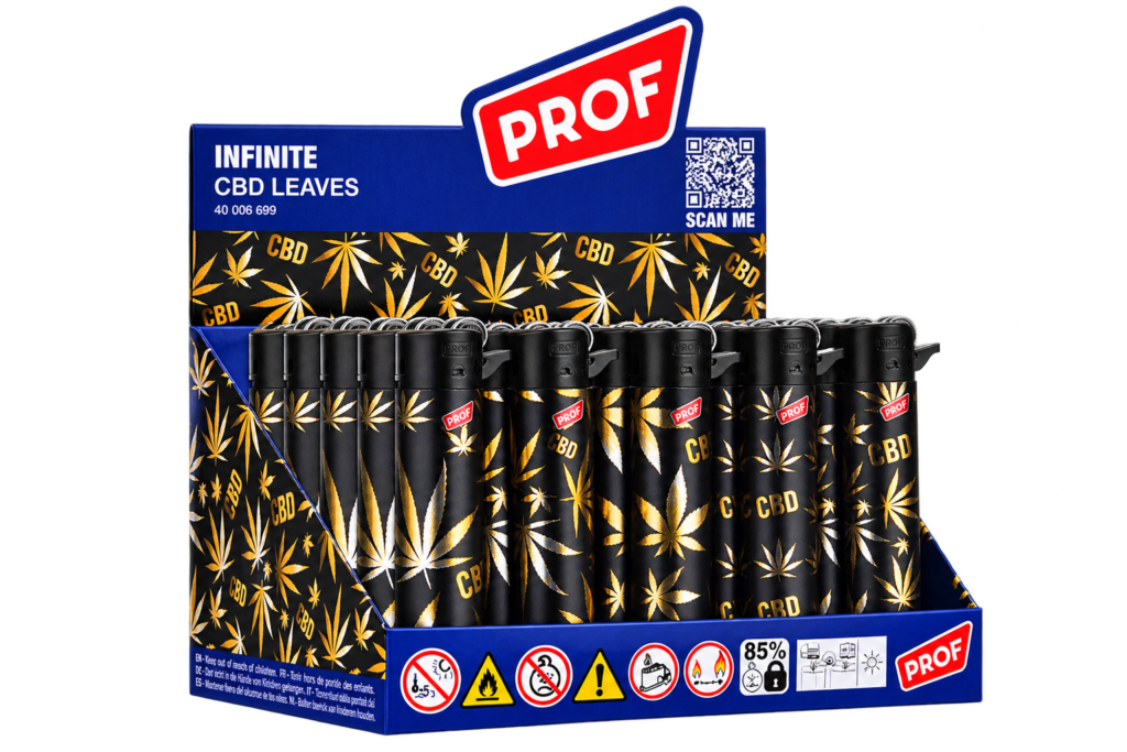 Briquet Infinite CBD PROF noir avec motif feuilles de cannabis et CBD