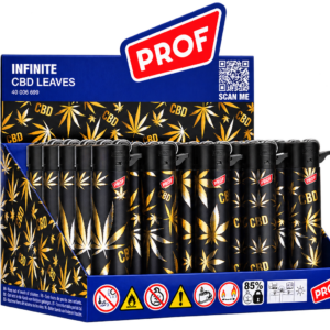 Briquet Infinite CBD PROF noir avec motif feuilles de cannabis et CBD